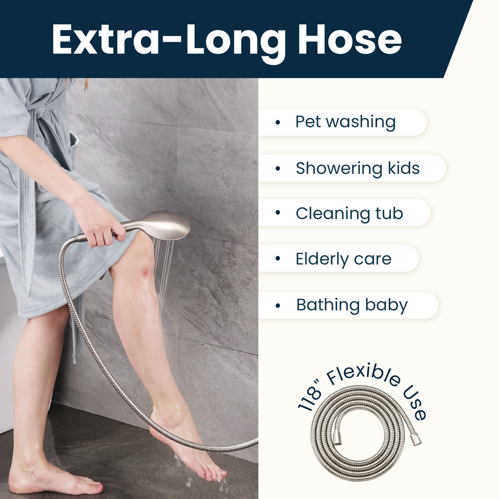 BRIGHT SHOWERS 118-Inch Extra Long Stainless Steel Shower Hose with Brass Connectors – Polished Chrome