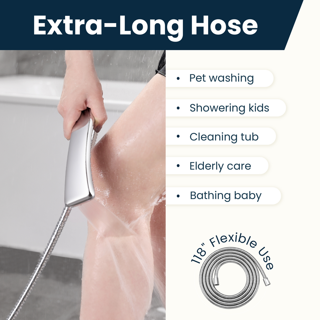 BRIGHT SHOWERS 118-Inch Extra Long Stainless Steel Shower Hose with Brass Connectors – Polished Chrome