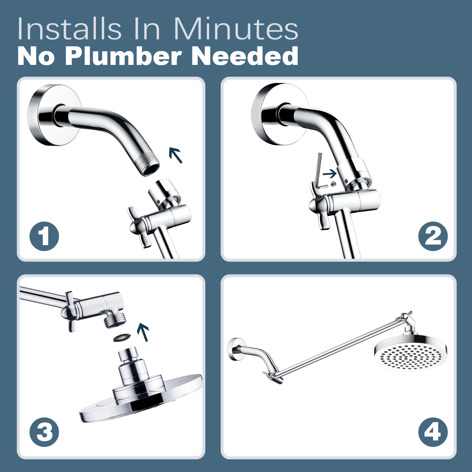 15 Inch Solid Brass Shower Head Extension Arm, Height & Angle Adjustable