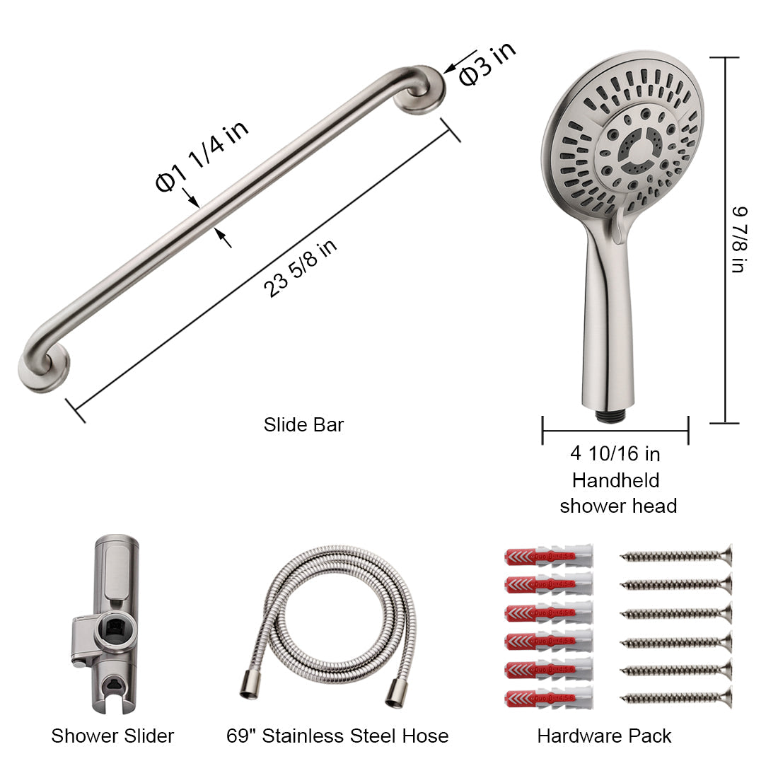 Stainless Steel Slide Bar Grab Rail Set Ada compliant Includes Handheld Shower Head and 79'' Hose