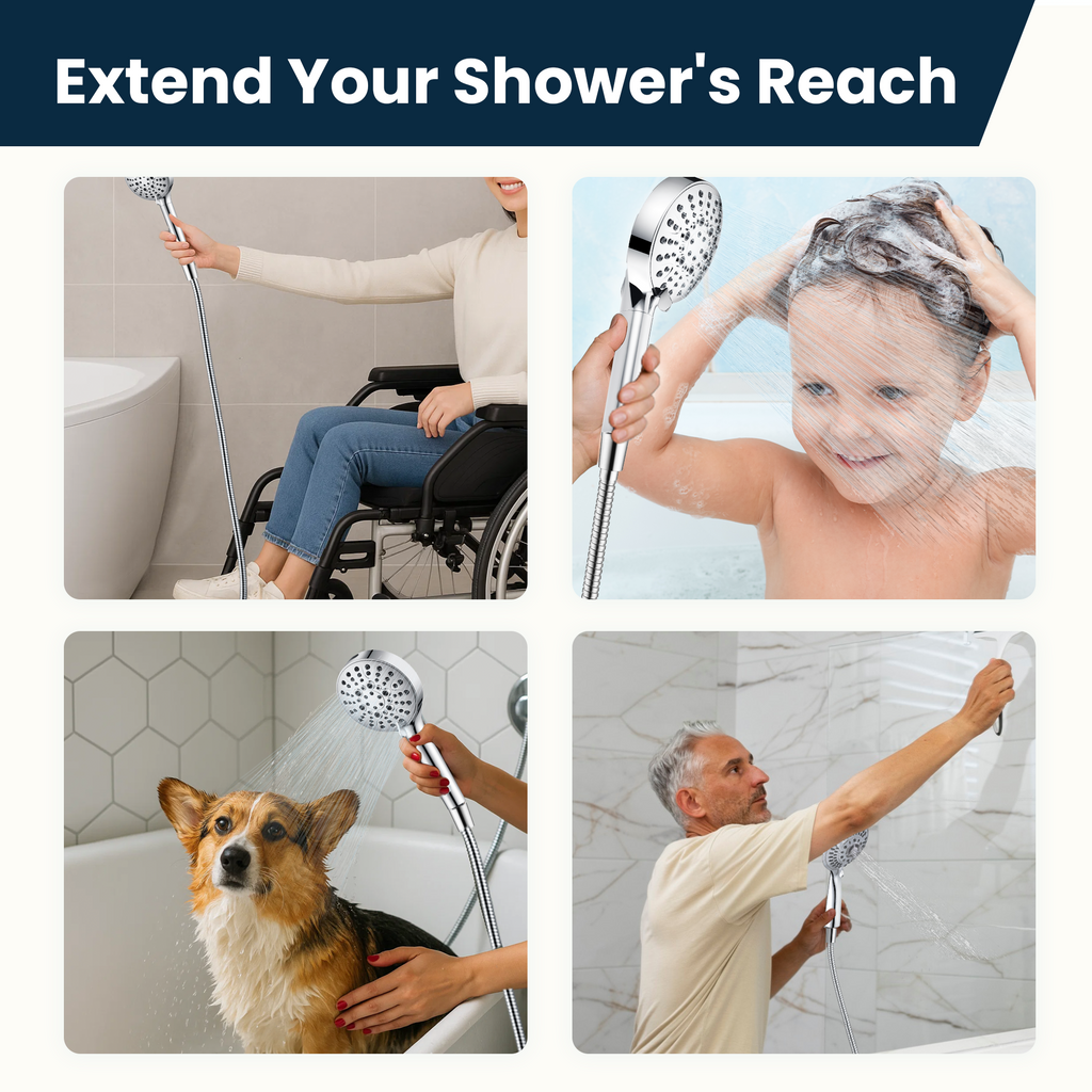 BRIGHT SHOWERS 118-Inch Extra Long Stainless Steel Shower Hose with Brass Connectors – Polished Chrome