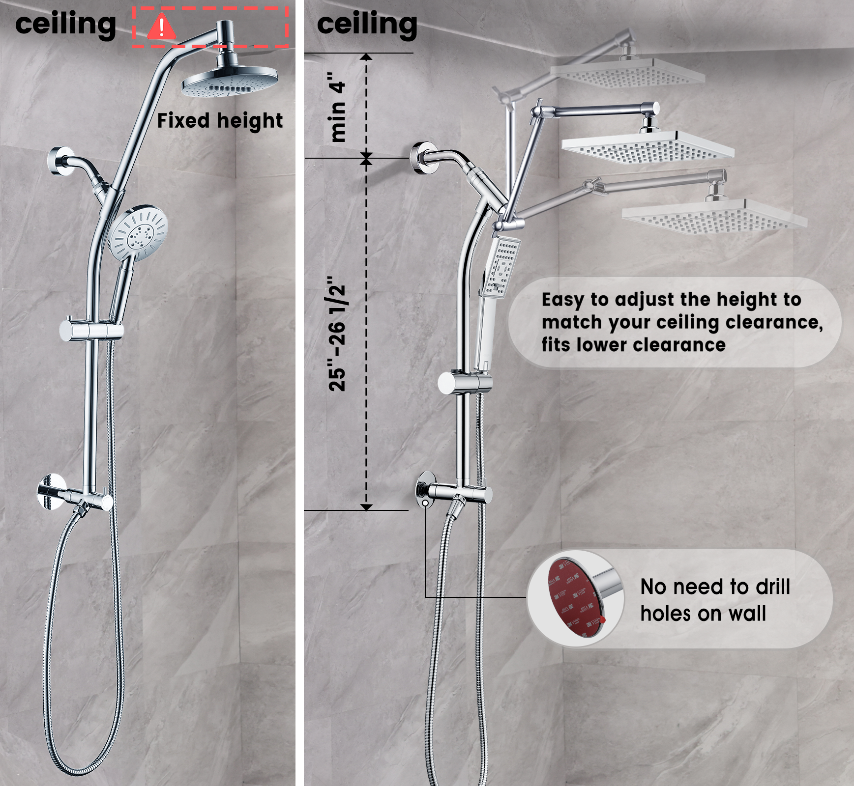 Rainfall Shower Head with Handheld Set-Solid Brass Slide Bar,Holder, Extension Arm and 60" Hose