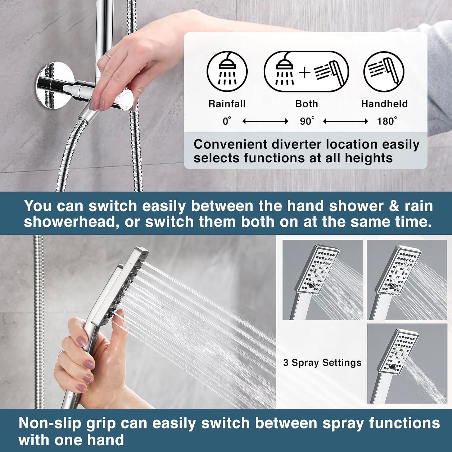 Rainfall Shower Head with Handheld Set-Solid Brass Slide Bar,Holder, Extension Arm and 60" Hose