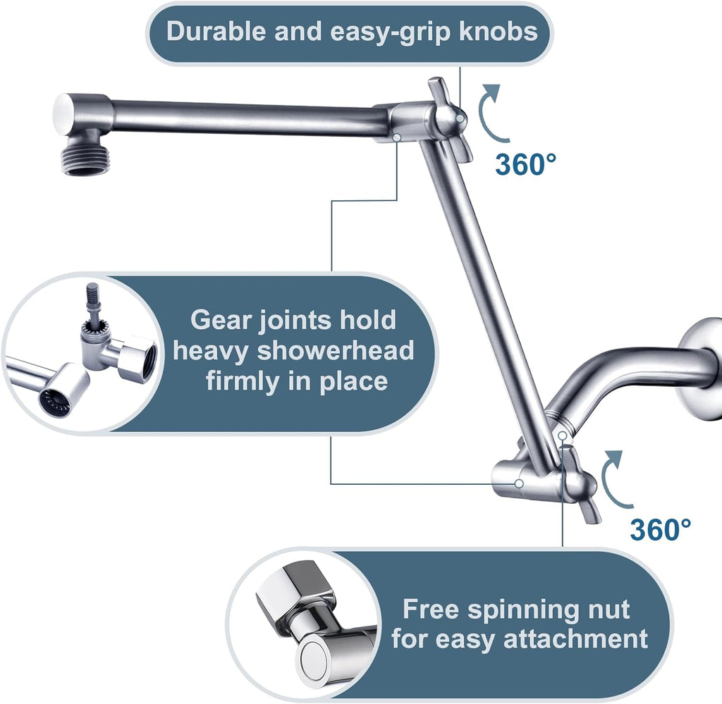14 Inch Shower Arm Extender for Rain and Handheld Shower Head, Height & Angle Adjustable