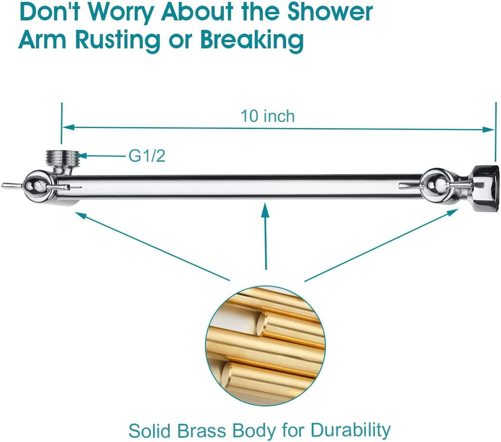 Brass Shower Head Extension Arm, Height & Angle Adjustable,10 Inch