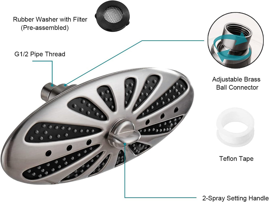 Rain Shower Head with Adjustable Brass Swivel Ball Joint, 2-Spray
