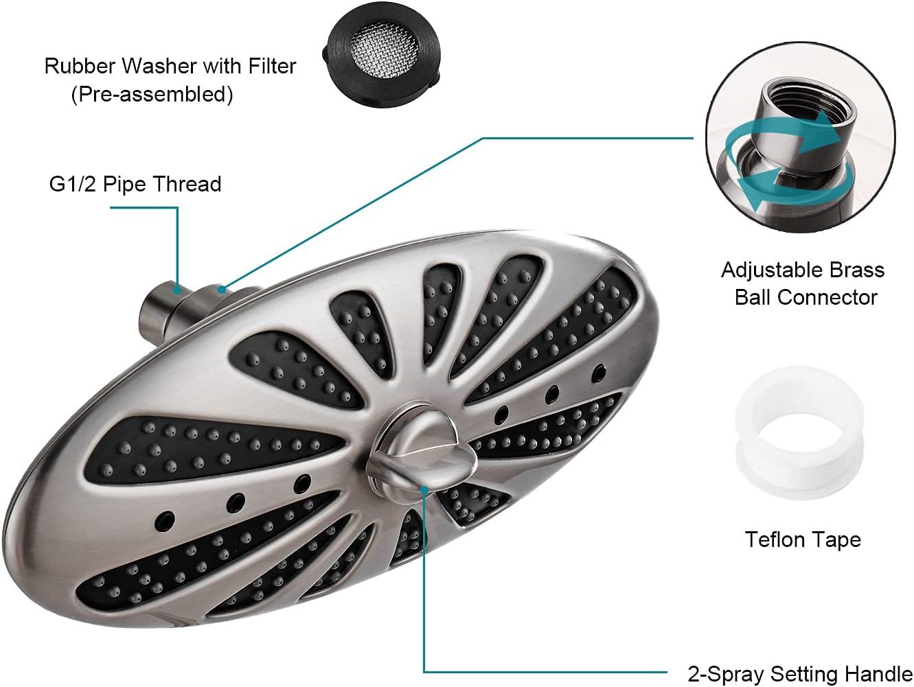 Rain Shower Head with Adjustable Brass Swivel Ball Joint, 2-Spray
