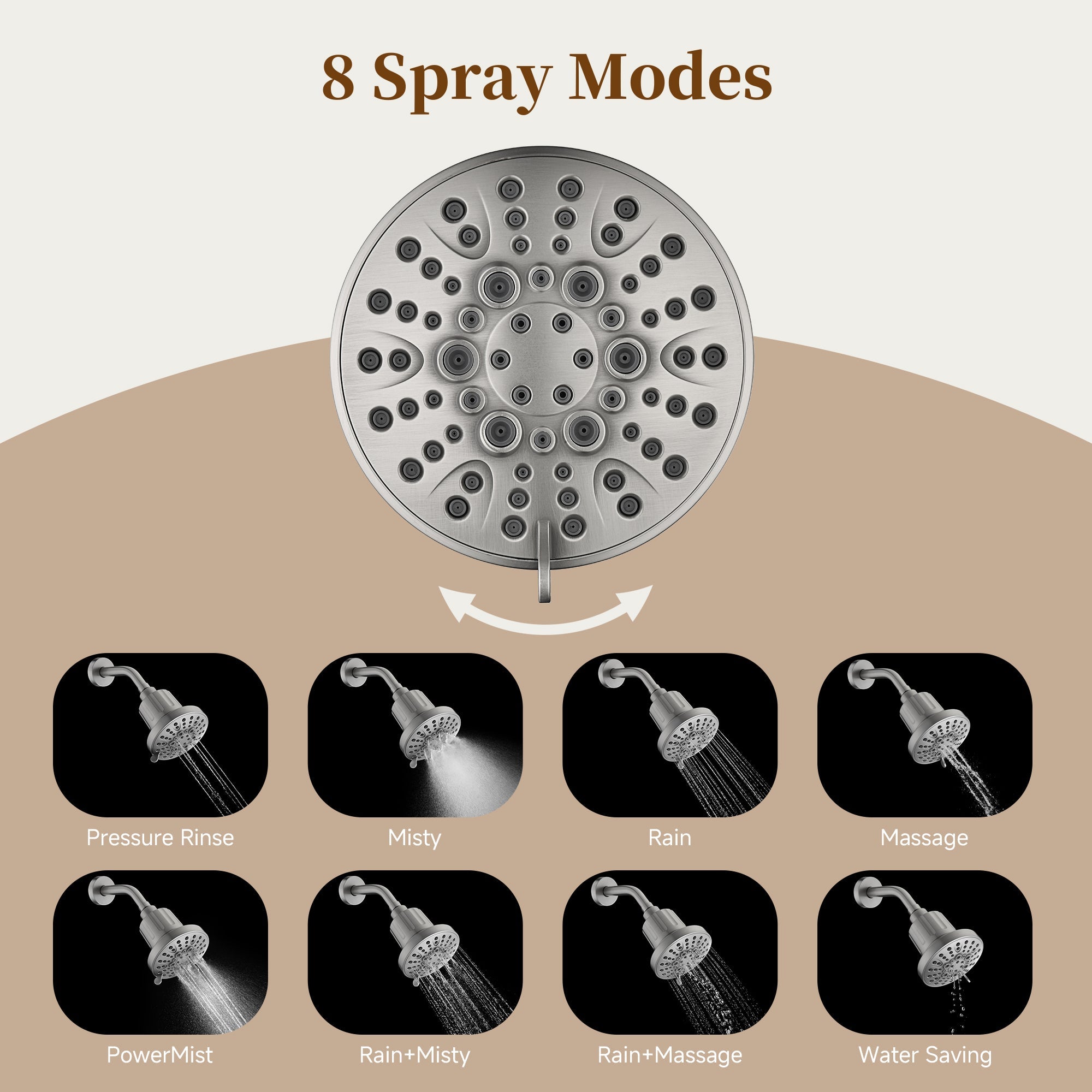 Bright Showers High Pressure Shower Head with 8 Spray Settings and 360° Adjustable Swivel Joint