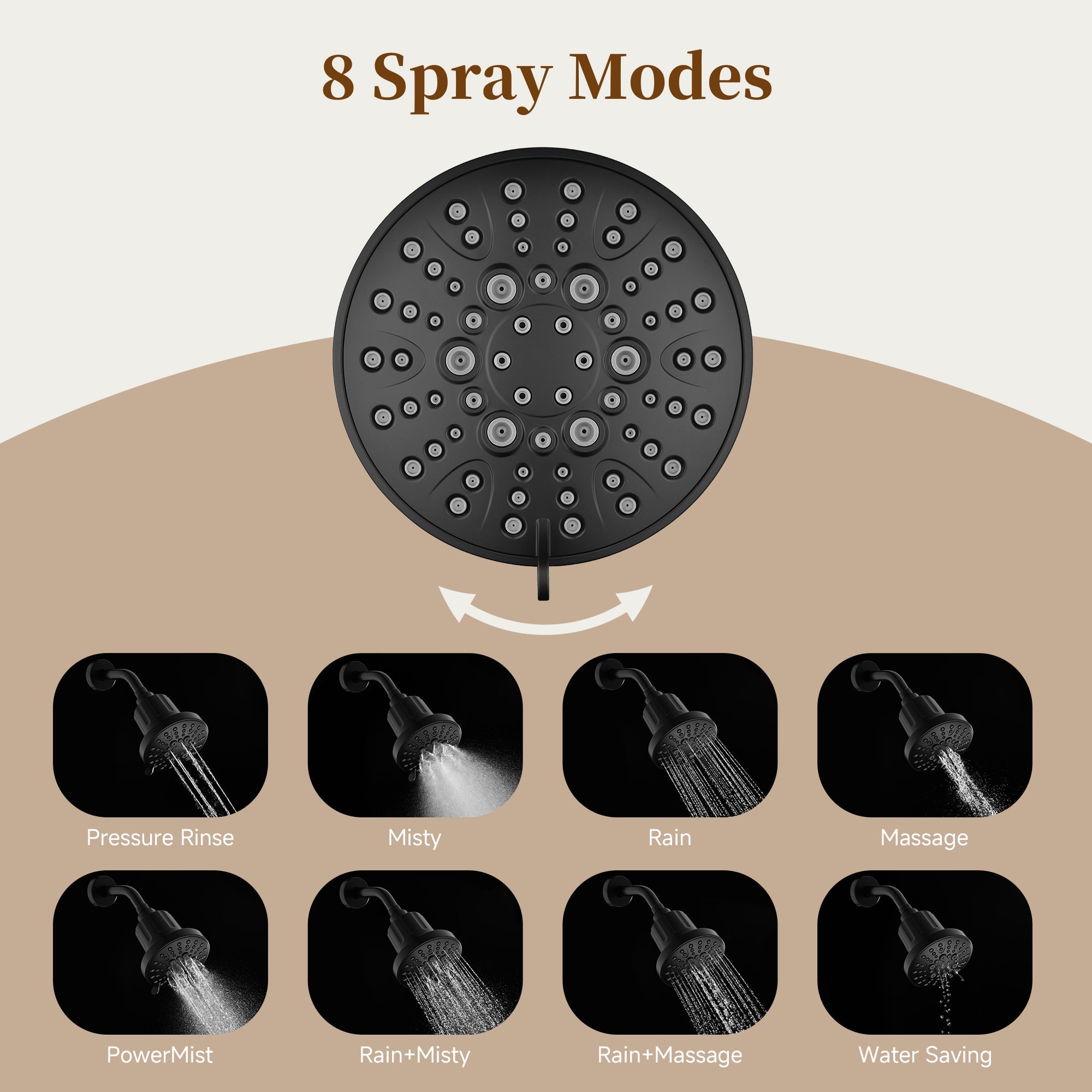 Bright Showers High Pressure Shower Head with 8 Spray Settings and 360° Adjustable Swivel Joint