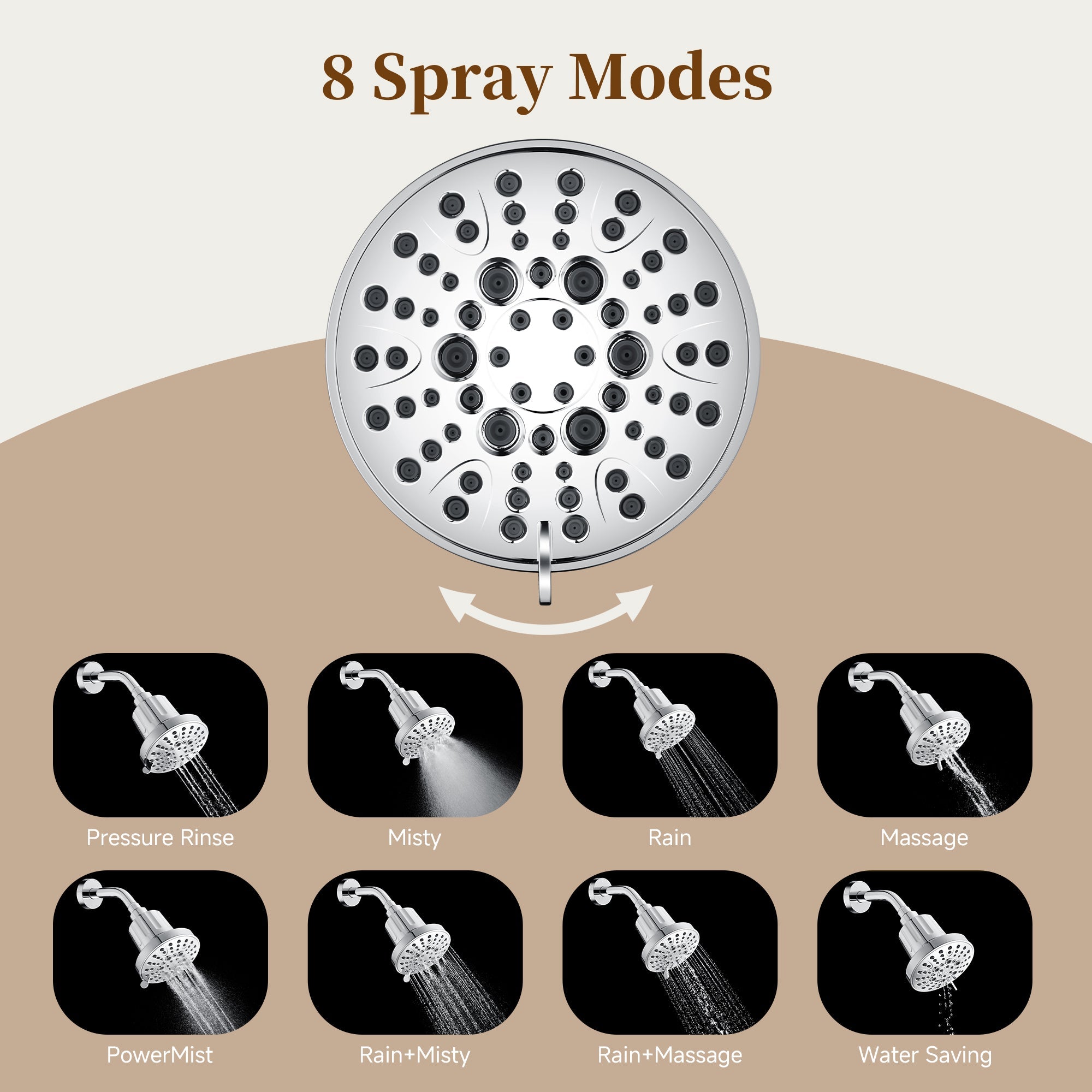 Bright Showers High Pressure Shower Head with 8 Spray Settings and 360° Adjustable Swivel Joint