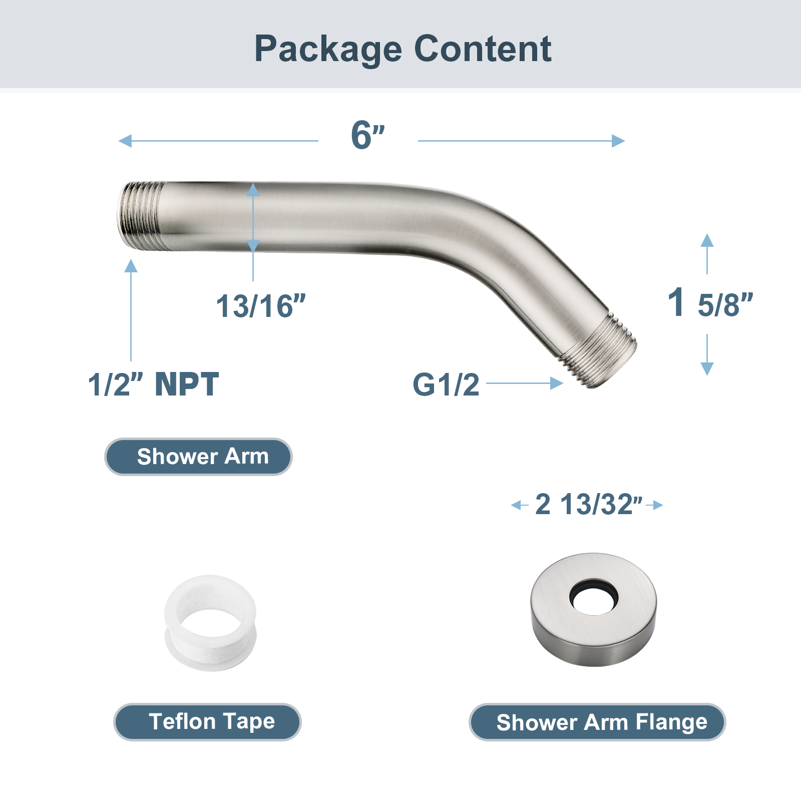 6 Inch Brass Shower Arm for Wall Mount Fixed and Handheld Shower Head, UPC:855738008794