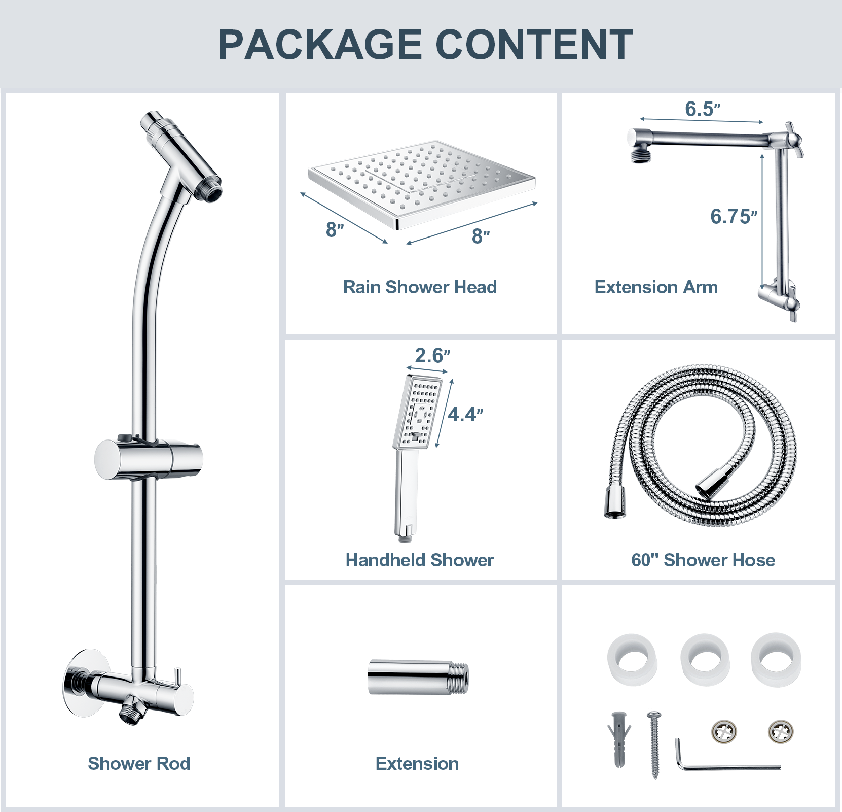 Rainfall Shower Head with Handheld Set-Solid Brass Slide Bar,Holder, Extension Arm and 60" Hose