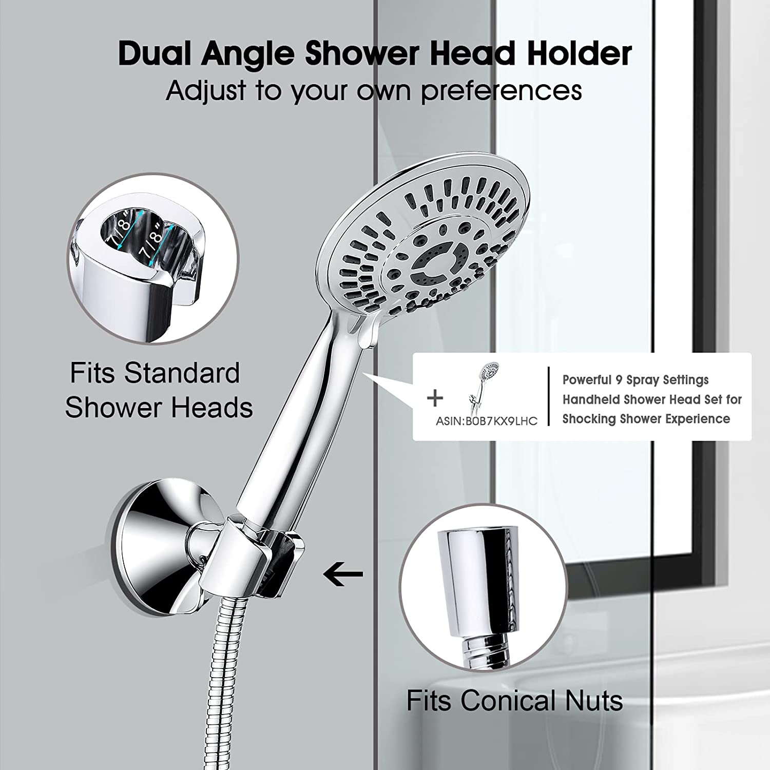 Handheld Shower Head Holder with Dual Angle Positions, Wall Suction Bracket