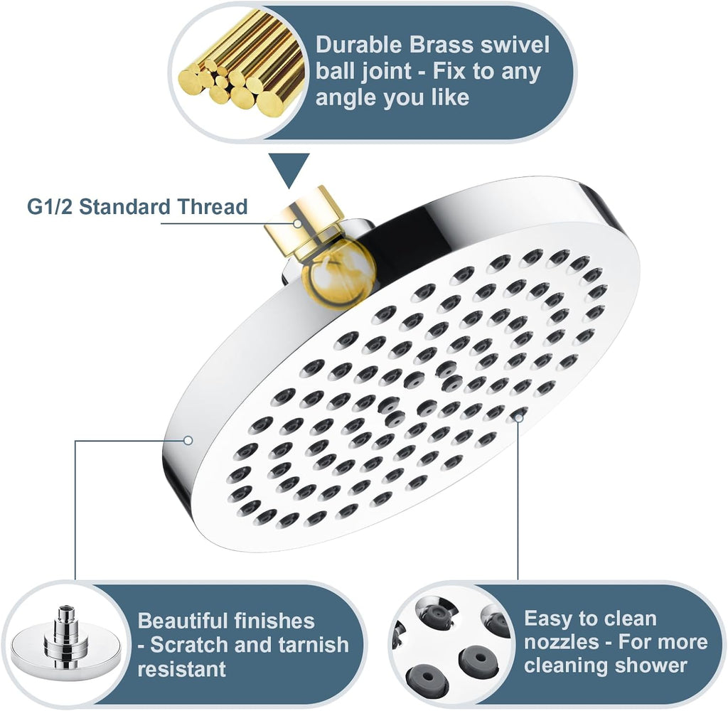 High Pressure 6 Inch Rainfall Shower Head with 2 Spray Settings, Adjustable Angle