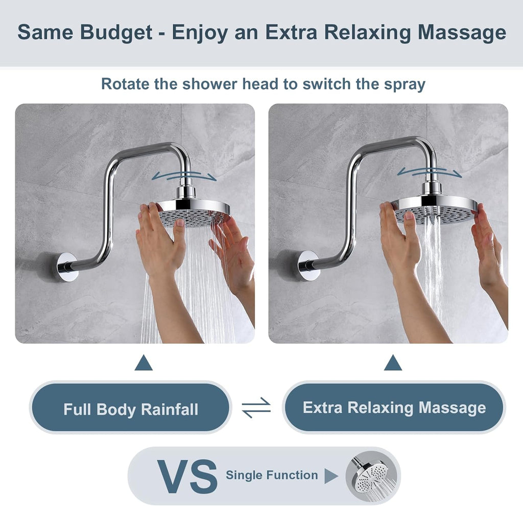 High Pressure 6 Inch Rainfall Shower Head with 2 Spray Settings, Adjustable Angle