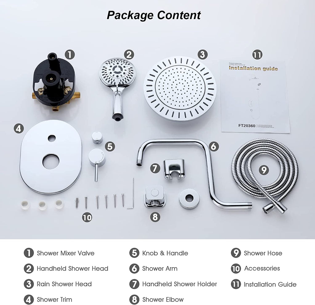 Bright Showers 9-Spray Shower Faucet Set -Shower Head with High Rise Arm, Handheld Head with Valve and Trim Kit