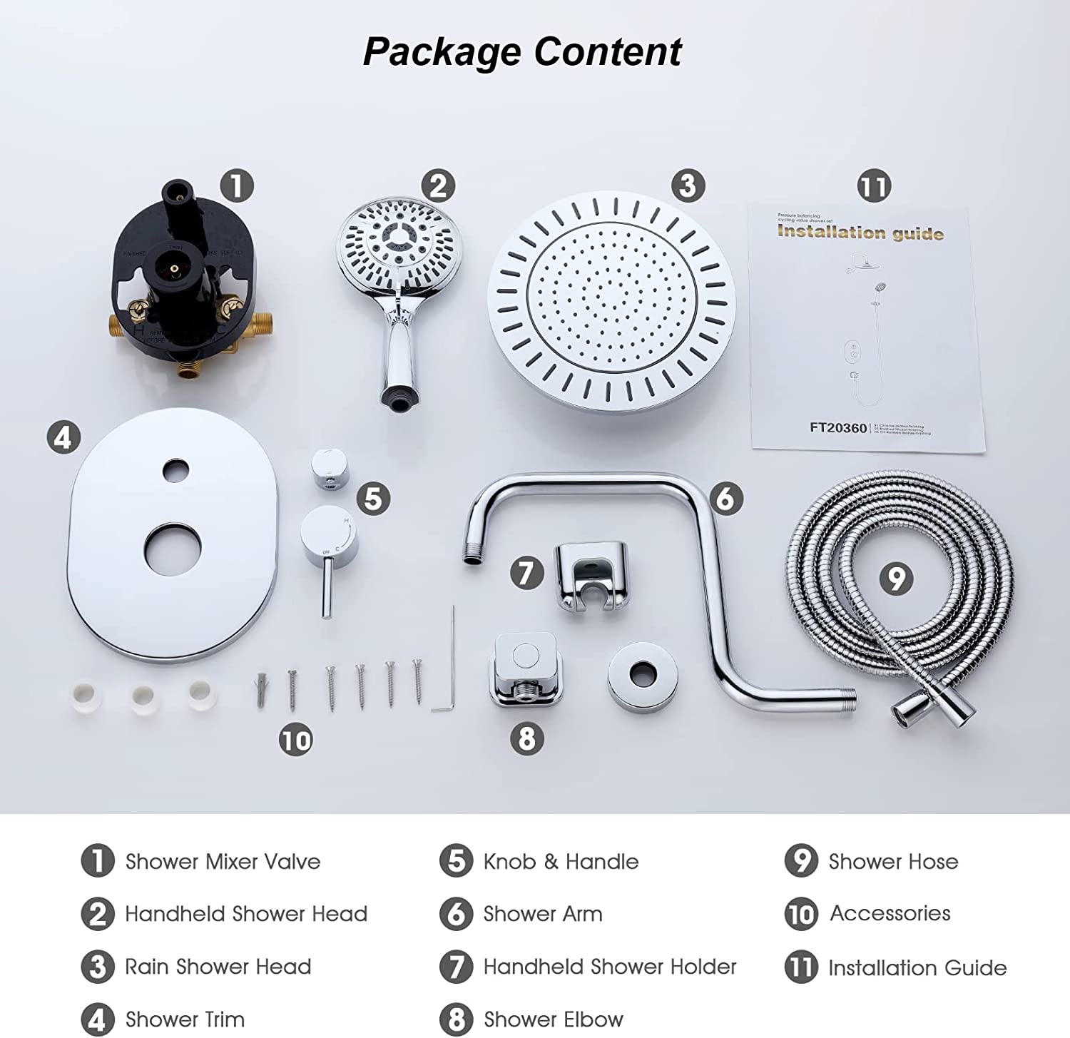 Bright Showers 9-Spray Shower Faucet Set -Shower Head with High Rise Arm, Handheld Head with Valve and Trim Kit