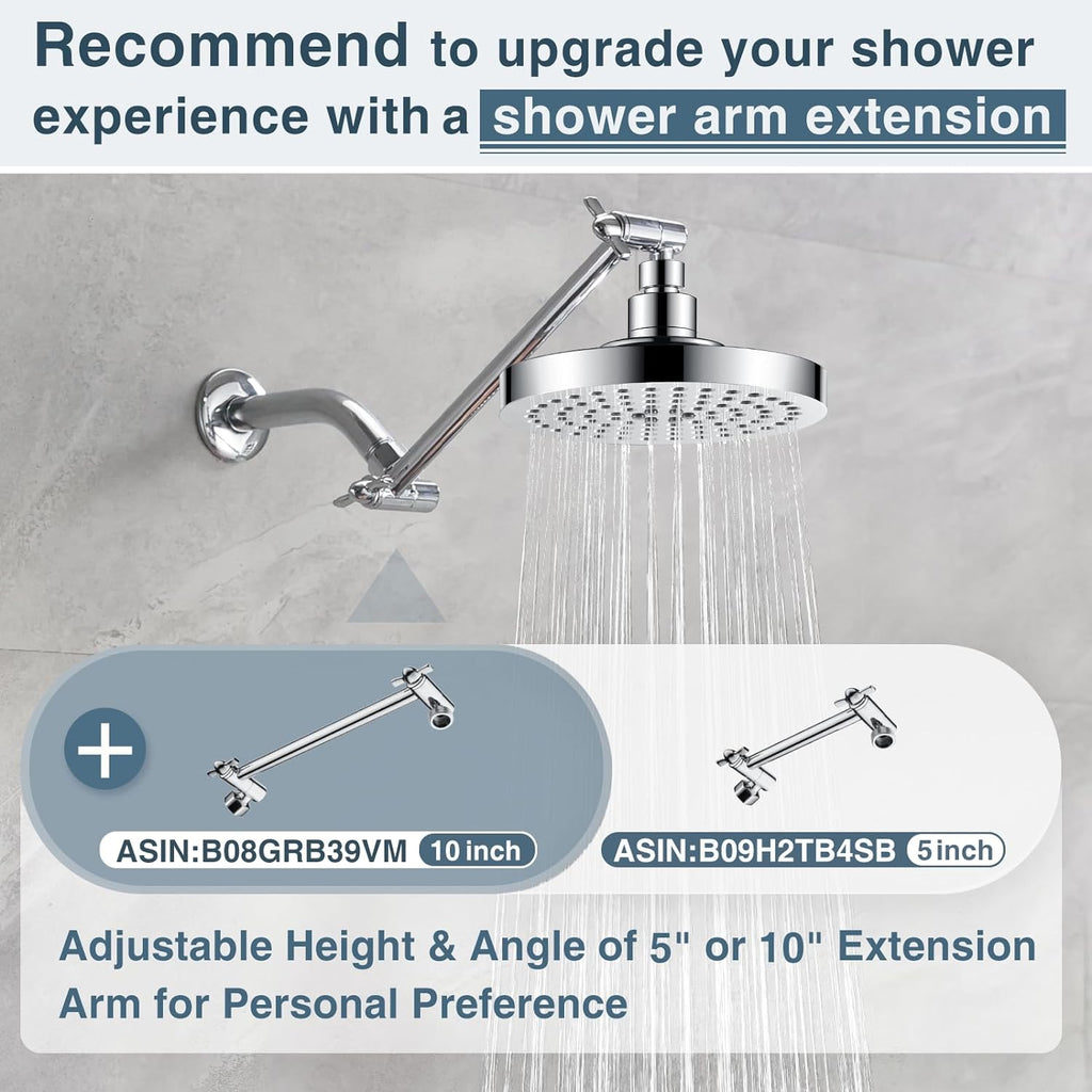 High Pressure 6 Inch Rainfall Shower Head with 2 Spray Settings, Adjustable Angle