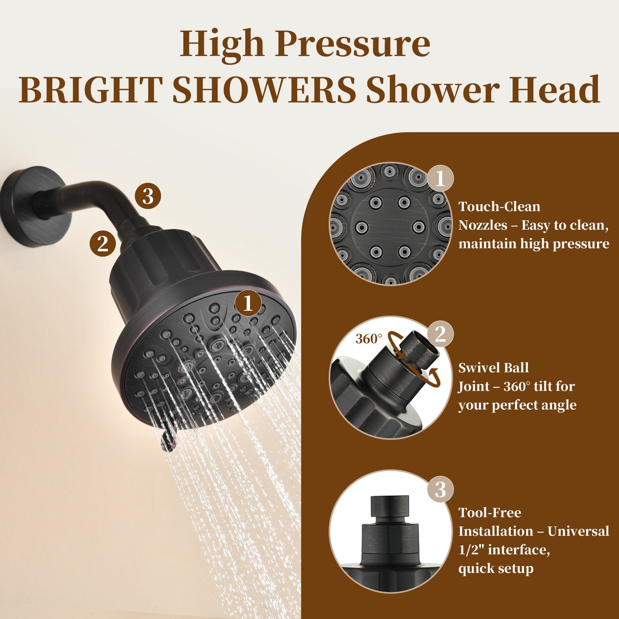 Bright Showers High Pressure Shower Head with 8 Spray Settings and 360° Adjustable Swivel Joint