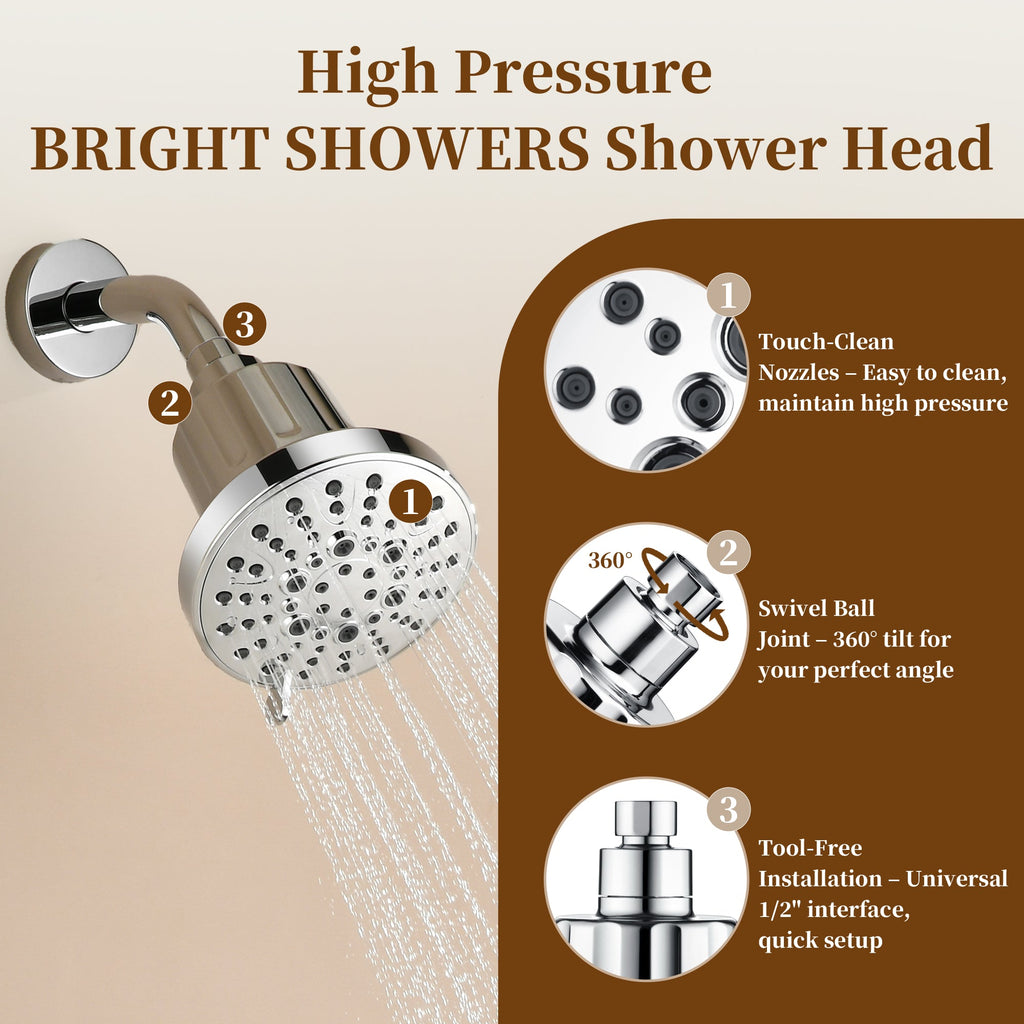 Bright Showers High Pressure Shower Head with 8 Spray Settings and 360° Adjustable Swivel Joint