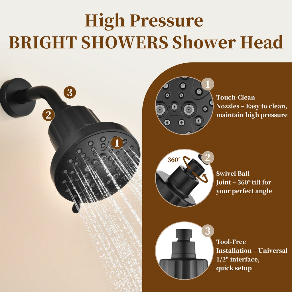 Bright Showers High Pressure Shower Head with 8 Spray Settings and 360° Adjustable Swivel Joint