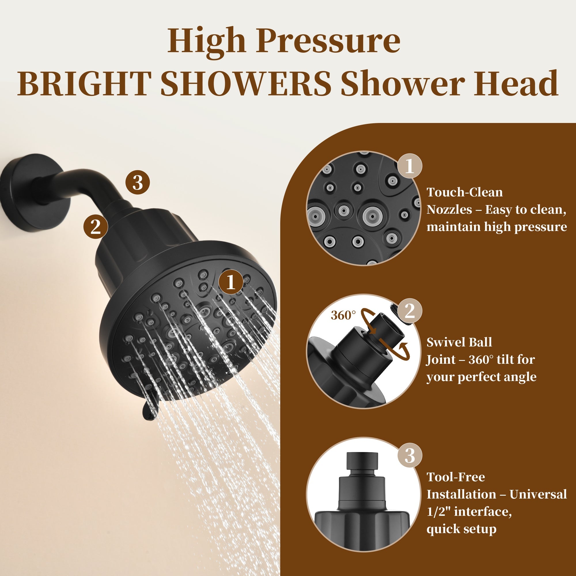 Bright Showers High Pressure Shower Head with 8 Spray Settings and 360° Adjustable Swivel Joint