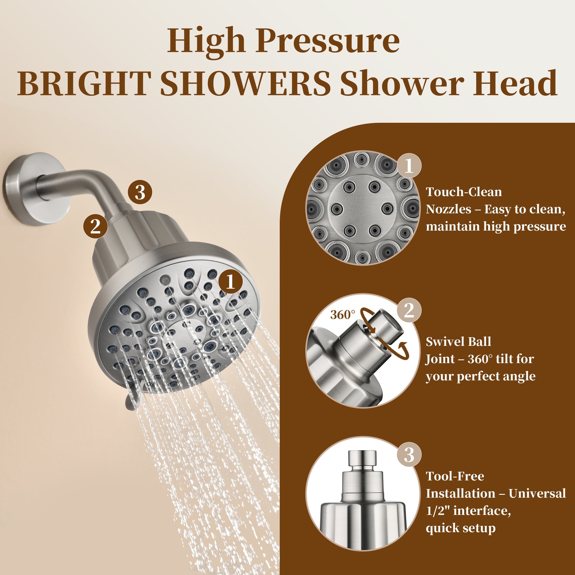 Bright Showers High Pressure Shower Head with 8 Spray Settings and 360° Adjustable Swivel Joint