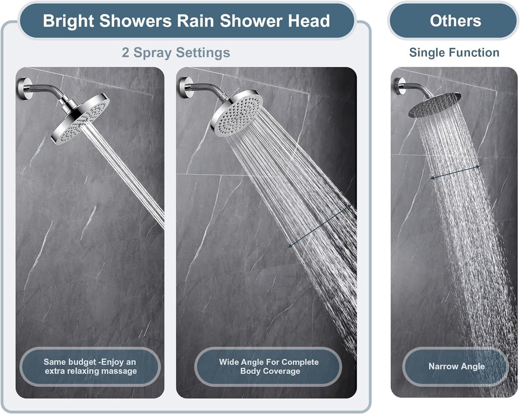 High Pressure 6 Inch Rainfall Shower Head with 2 Spray Settings, Adjustable Angle