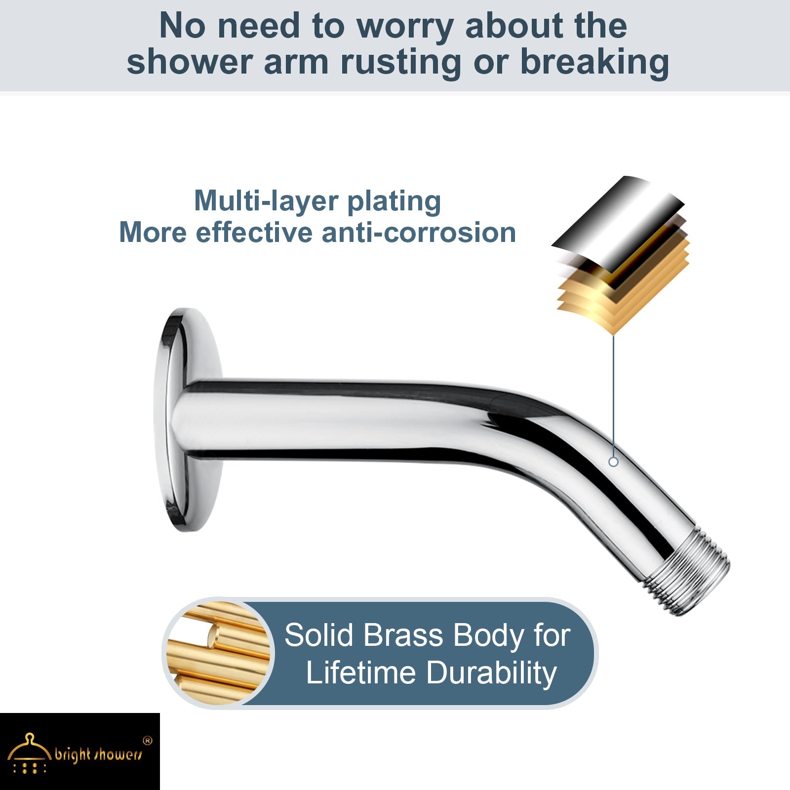 6 Inch Brass Shower Arm for Wall Mount Fixed and Handheld Shower Head, UPC:855738008794