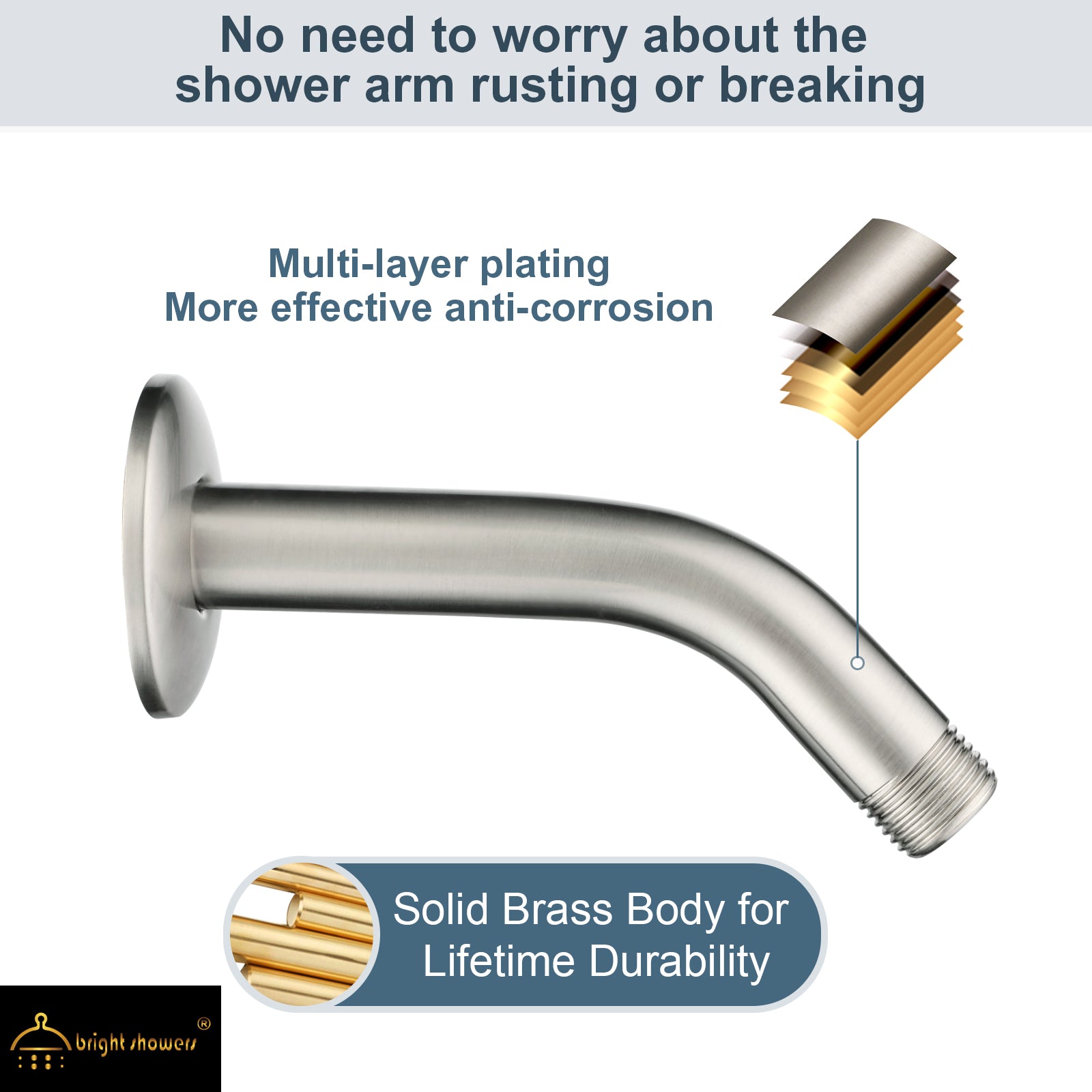 6 Inch Brass Shower Arm for Wall Mount Fixed and Handheld Shower Head, UPC:855738008794