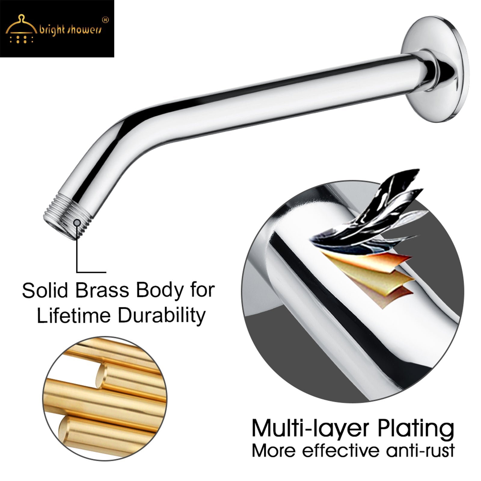 BRIGHT SHOWERS 10 Inch Solid Brass Shower Head Extension Arm, Wall Mounted Shower Pipe Arm