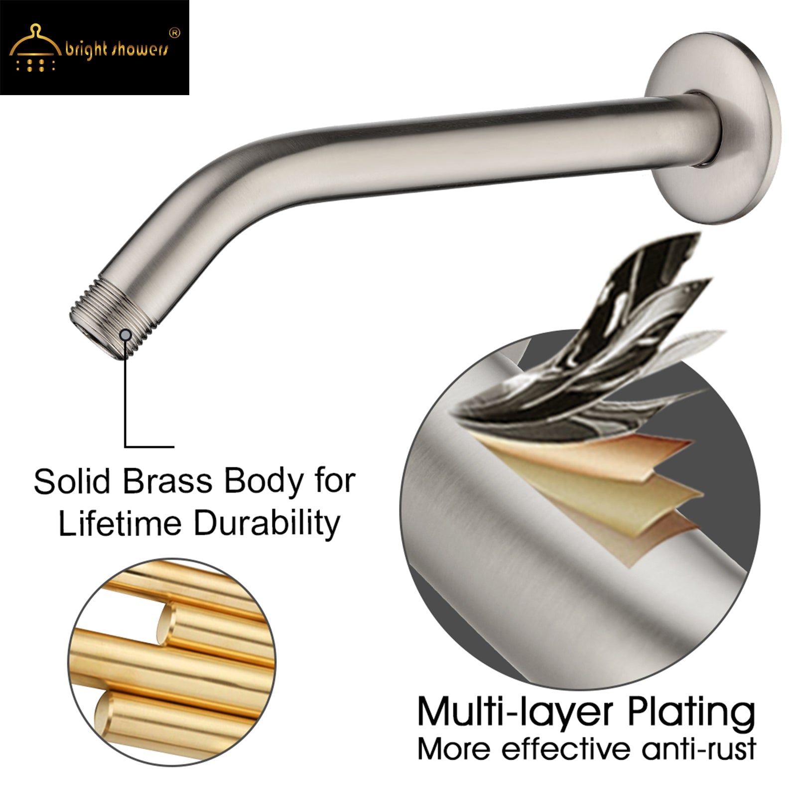 BRIGHT SHOWERS 10 Inch Solid Brass Shower Head Extension Arm, Wall Mounted Shower Pipe Arm