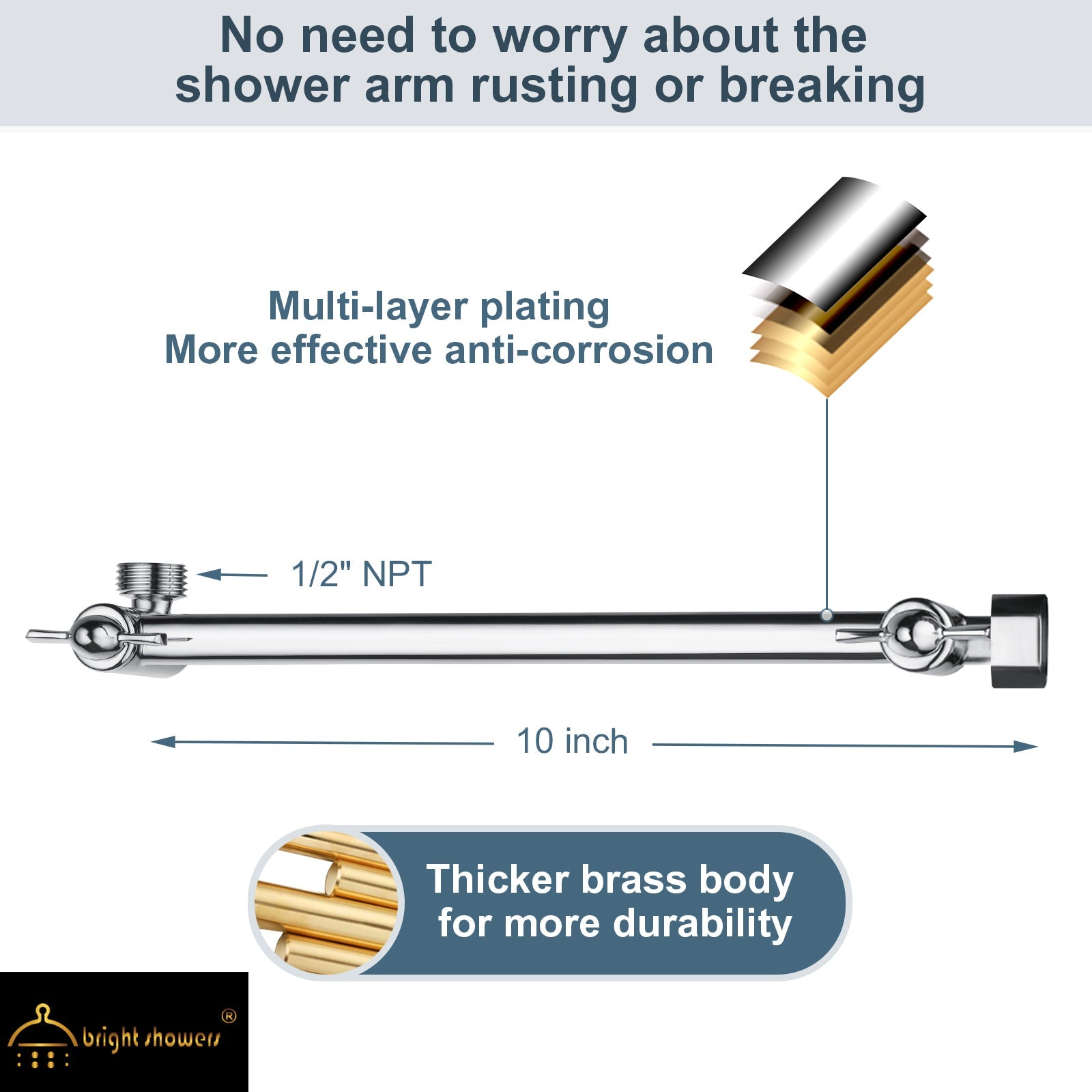 Brass Shower Head Extension Arm, Height & Angle Adjustable,10 Inch