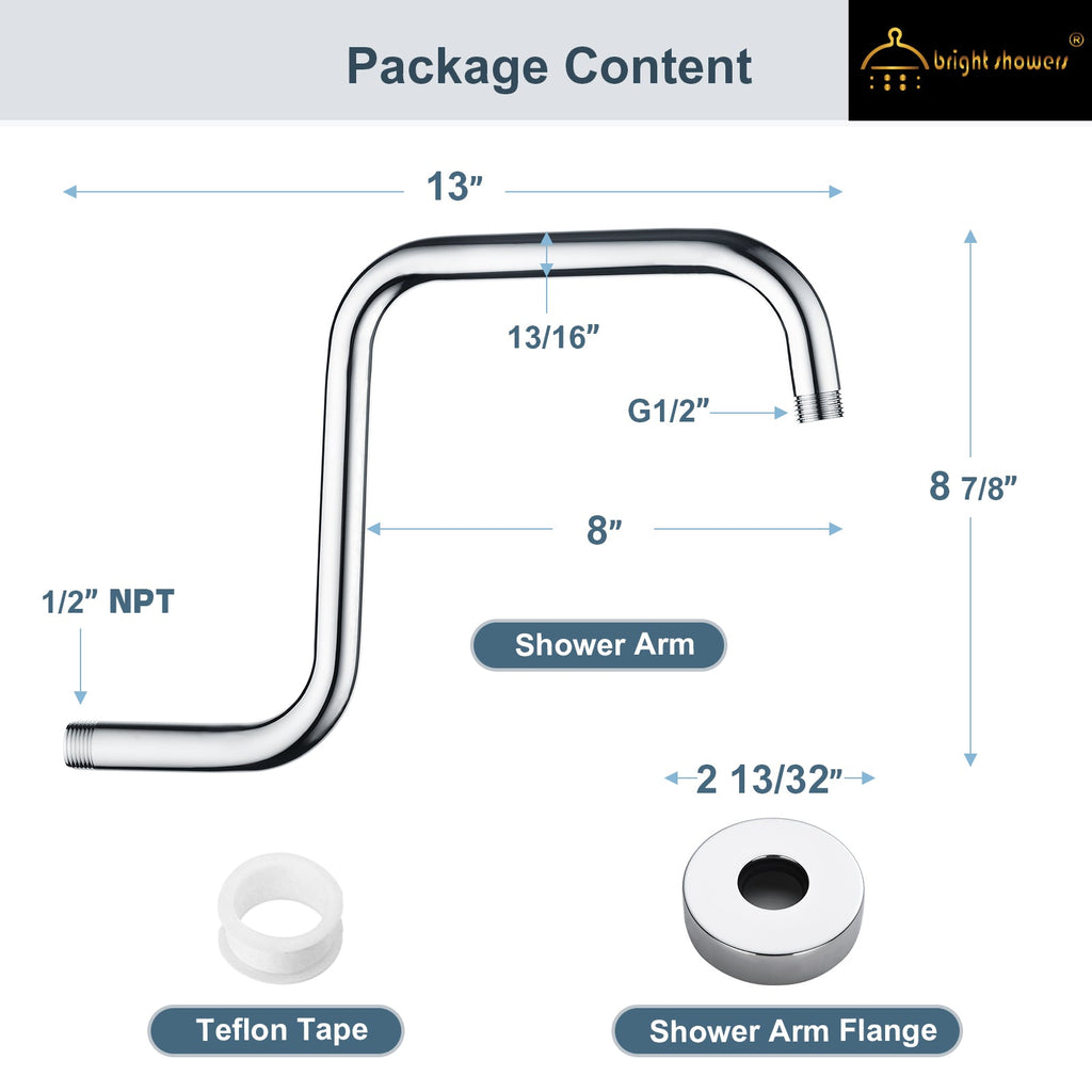 Bright Showers Shower Head Extension Arm with Flange S Shaped High Rise Extender,13 Inch