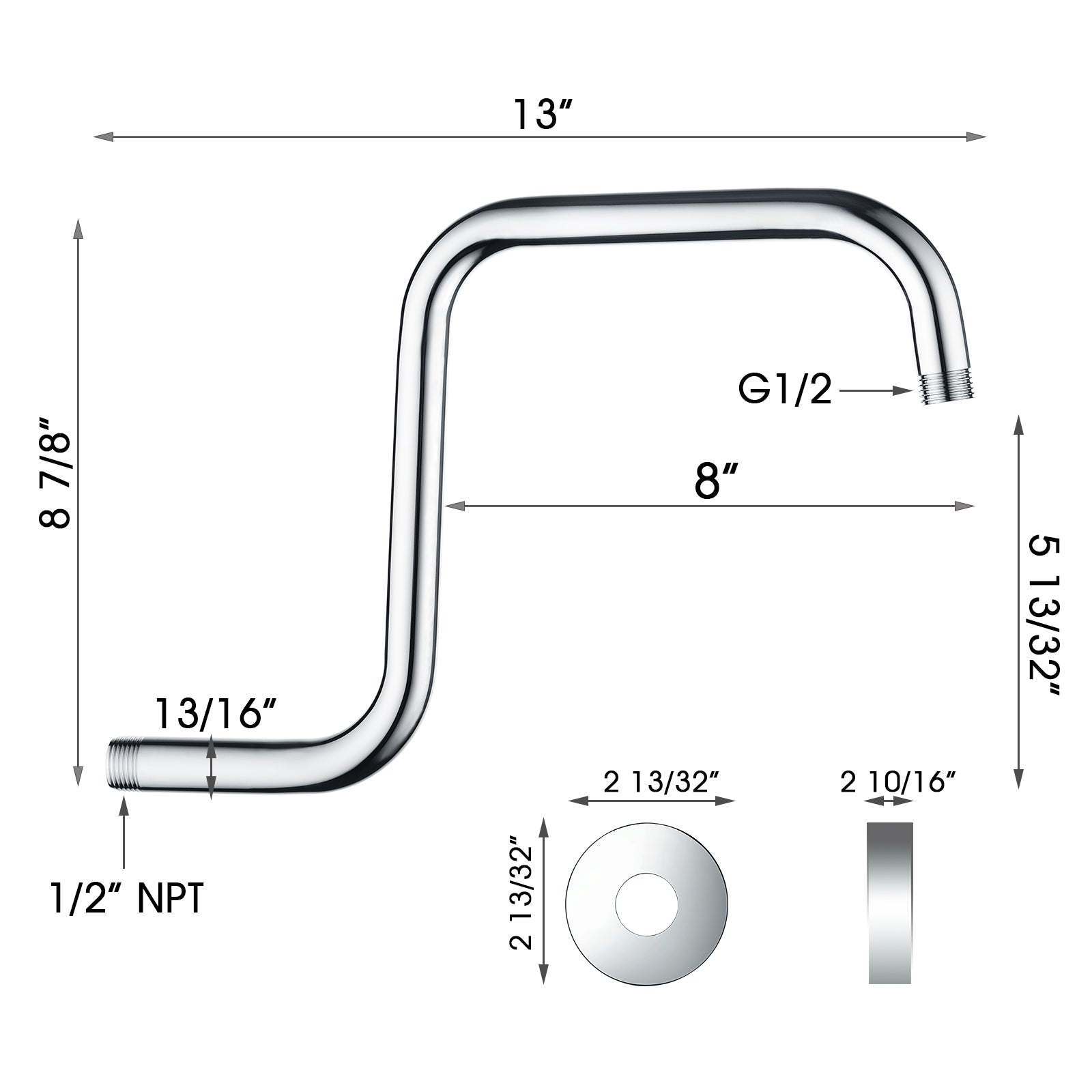 Bright Showers Shower Head Extension Arm with Flange S Shaped High Rise Extender,13 Inch