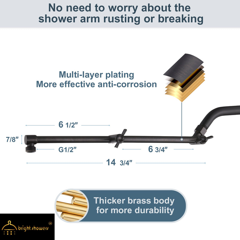 14 Inch Shower Arm Extender for Rain and Handheld Shower Head, Height & Angle Adjustable