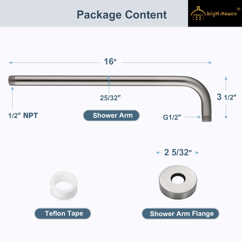 16 Inch Shower Head Extension Arm, Stainless Steel Rainfall Shower Head Pipe Arm