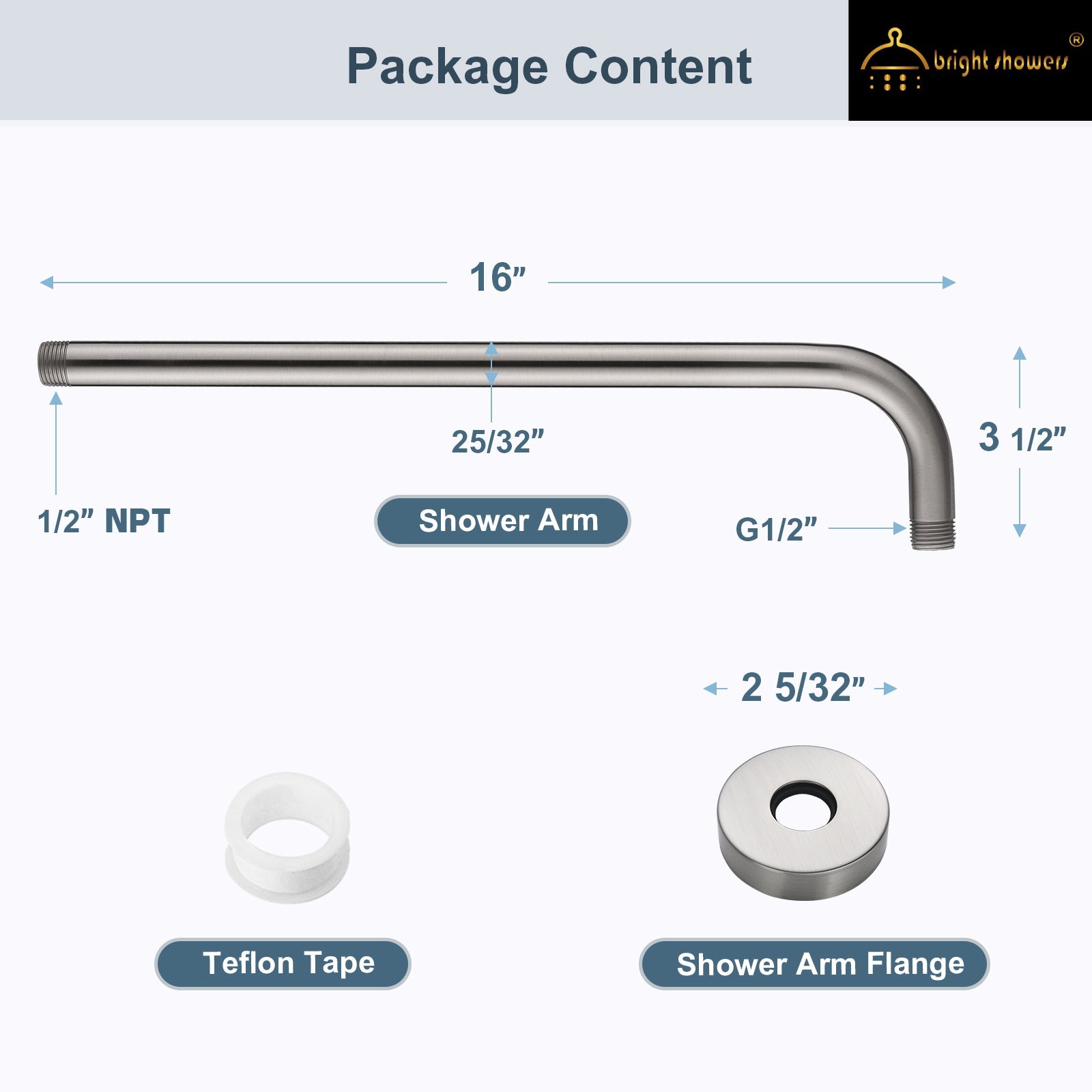 16 Inch Shower Head Extension Arm, Stainless Steel Rainfall Shower Head Pipe Arm