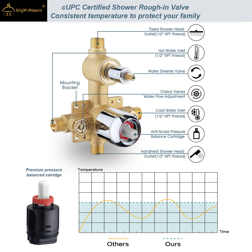 Bright Showers 9-Spray Shower Faucet Set -Shower Head with High Rise Arm, Handheld Head with Valve and Trim Kit