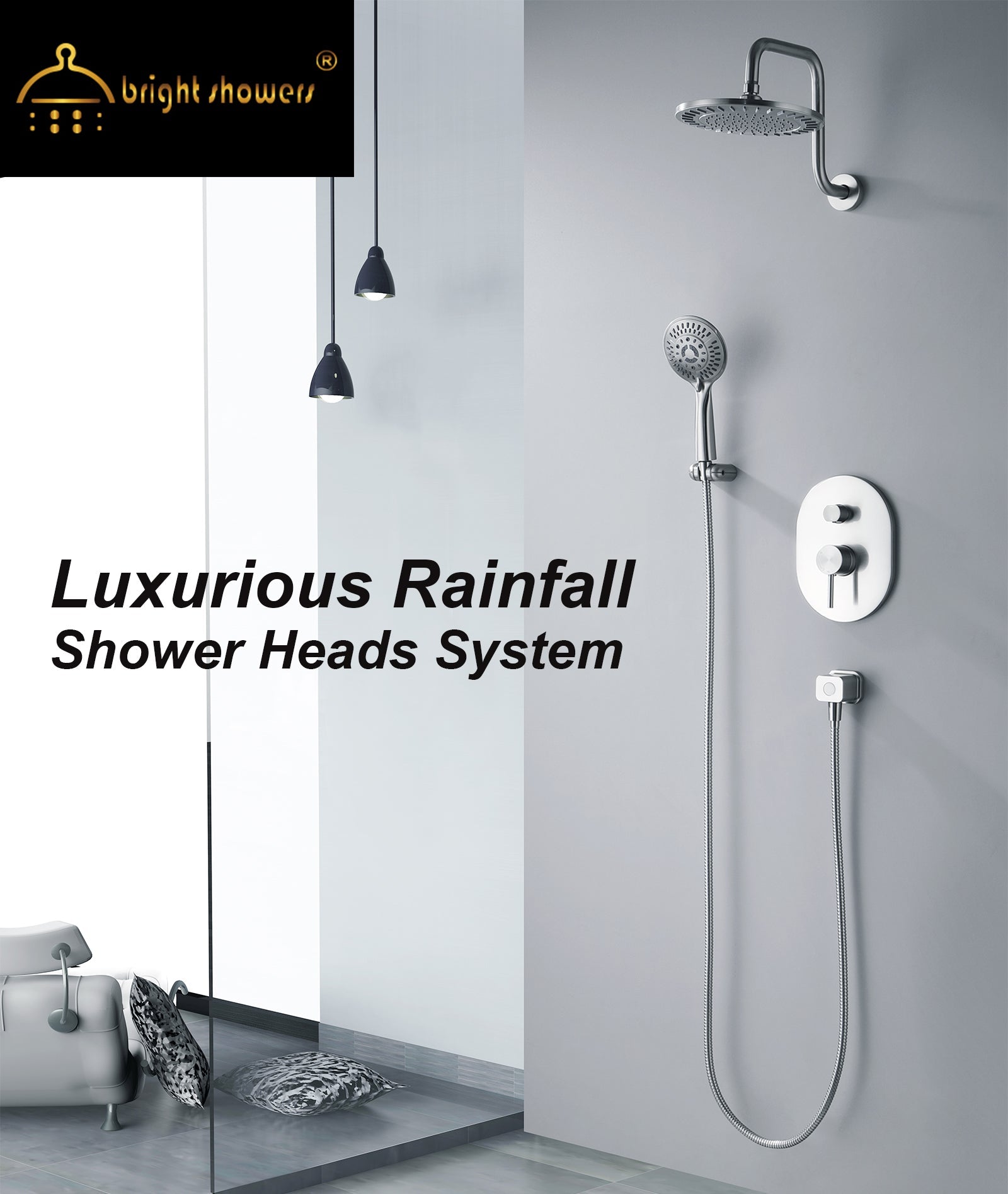 Bright Showers 9-Spray Shower Faucet Set -Shower Head with High Rise Arm, Handheld Head with Valve and Trim Kit