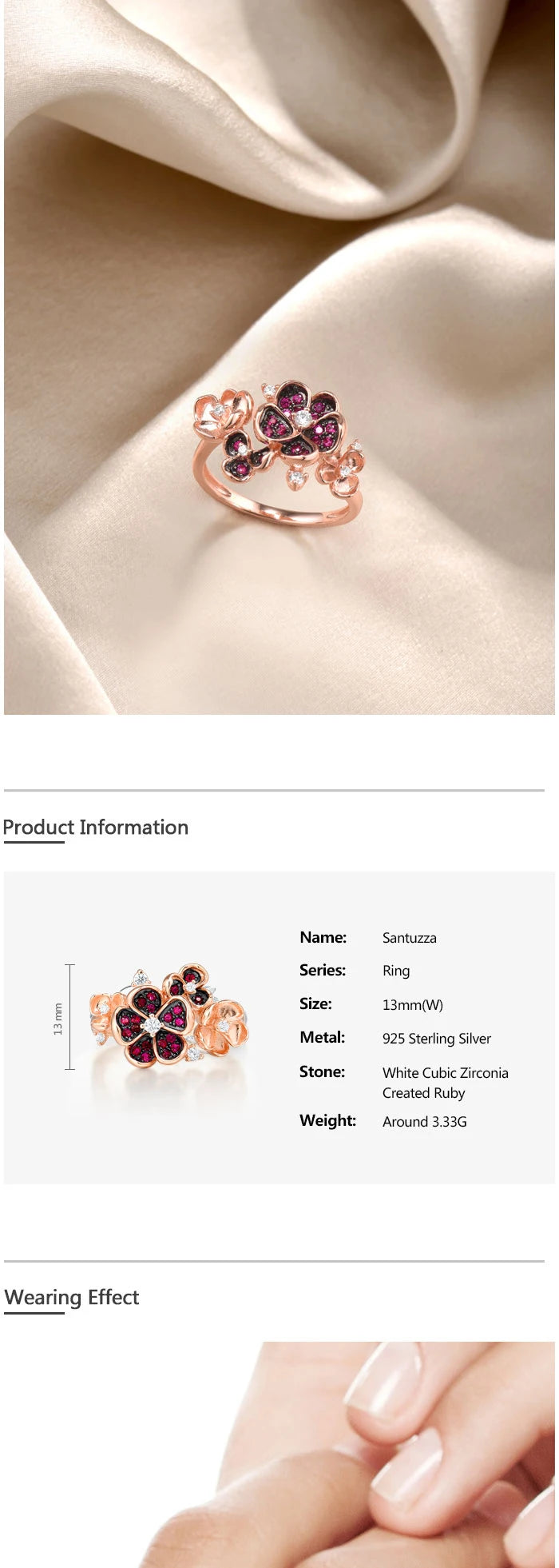 SANTUZZA Silver Ring For Women 925 Sterling Silver Flower Rose Color Shiny Created Ruby White CZ Ring Elegant Party Fine Jewelry