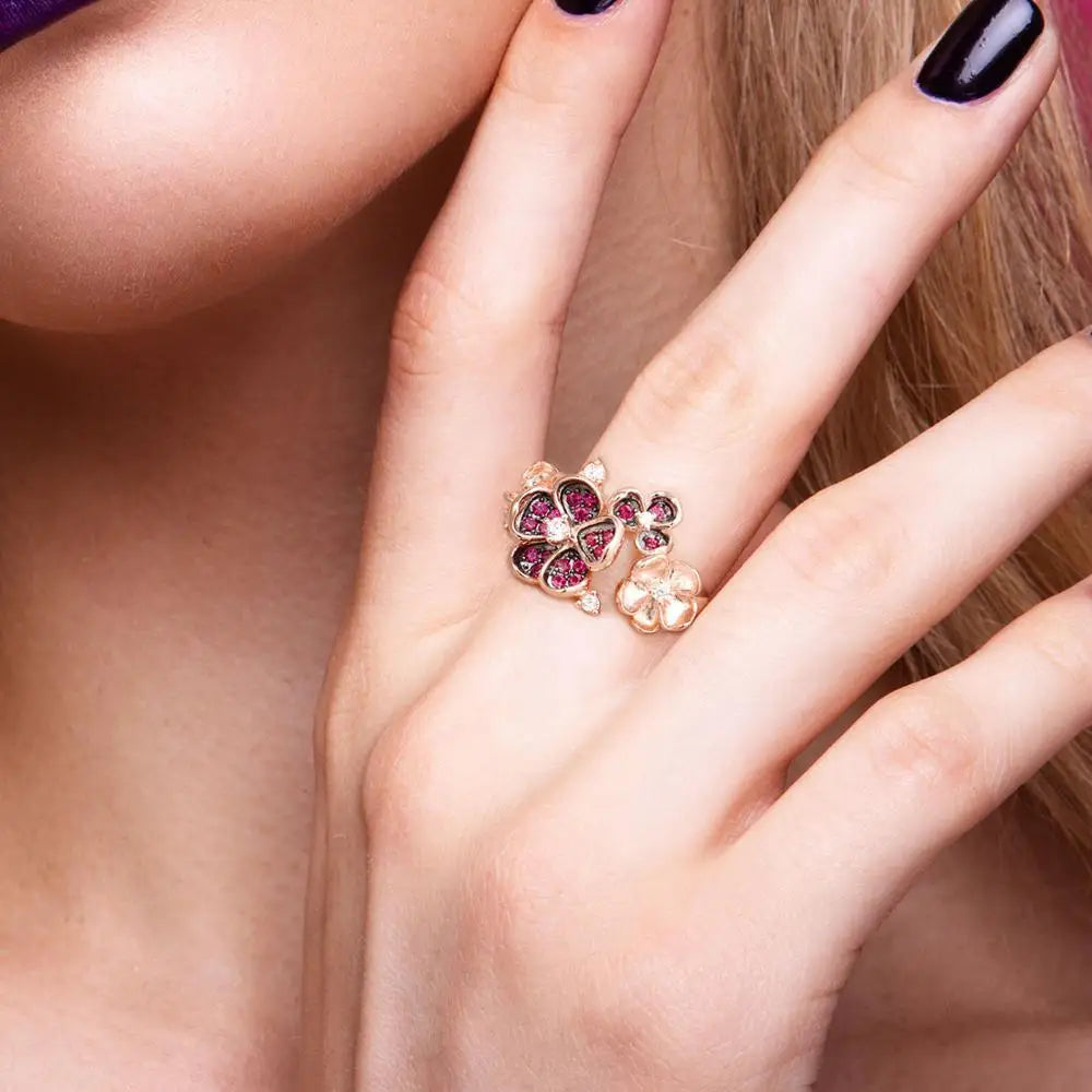 SANTUZZA Silver Ring For Women 925 Sterling Silver Flower Rose Color Shiny Created Ruby White CZ Ring Elegant Party Fine Jewelry