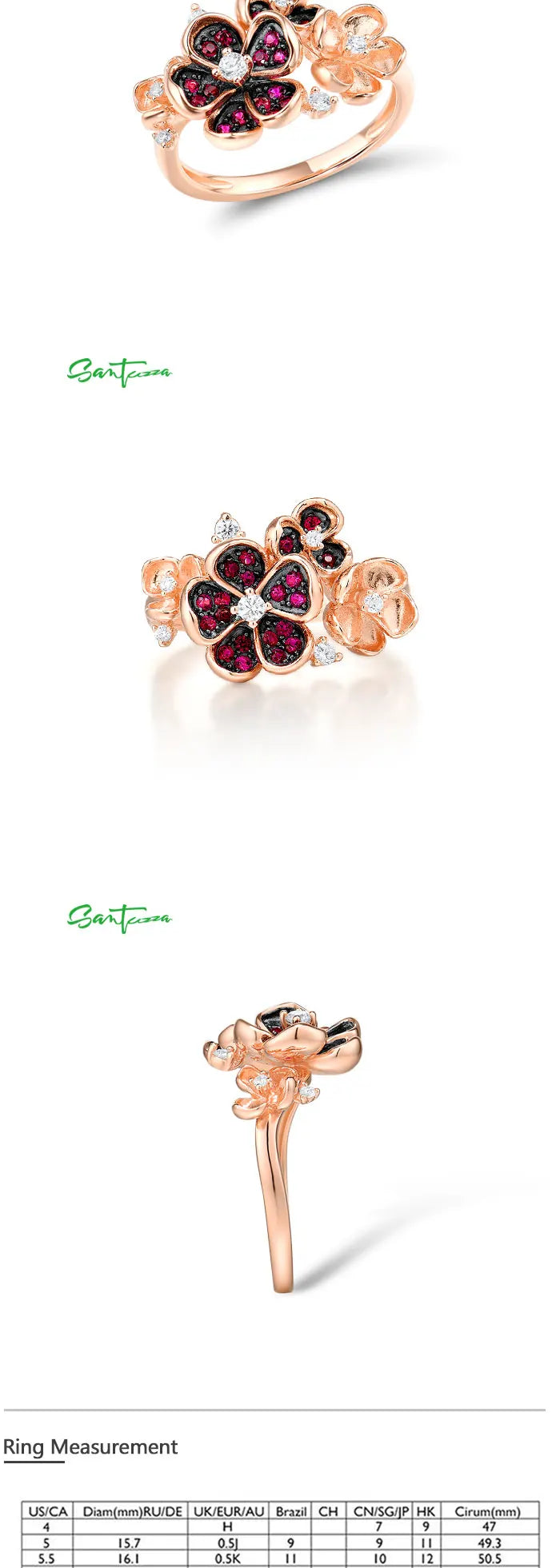 SANTUZZA Silver Ring For Women 925 Sterling Silver Flower Rose Color Shiny Created Ruby White CZ Ring Elegant Party Fine Jewelry