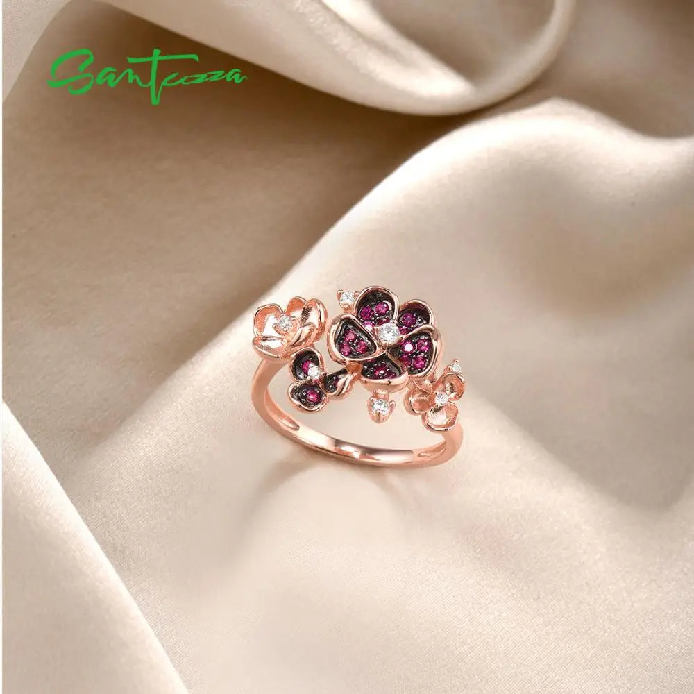 SANTUZZA Silver Ring For Women 925 Sterling Silver Flower Rose Color Shiny Created Ruby White CZ Ring Elegant Party Fine Jewelry