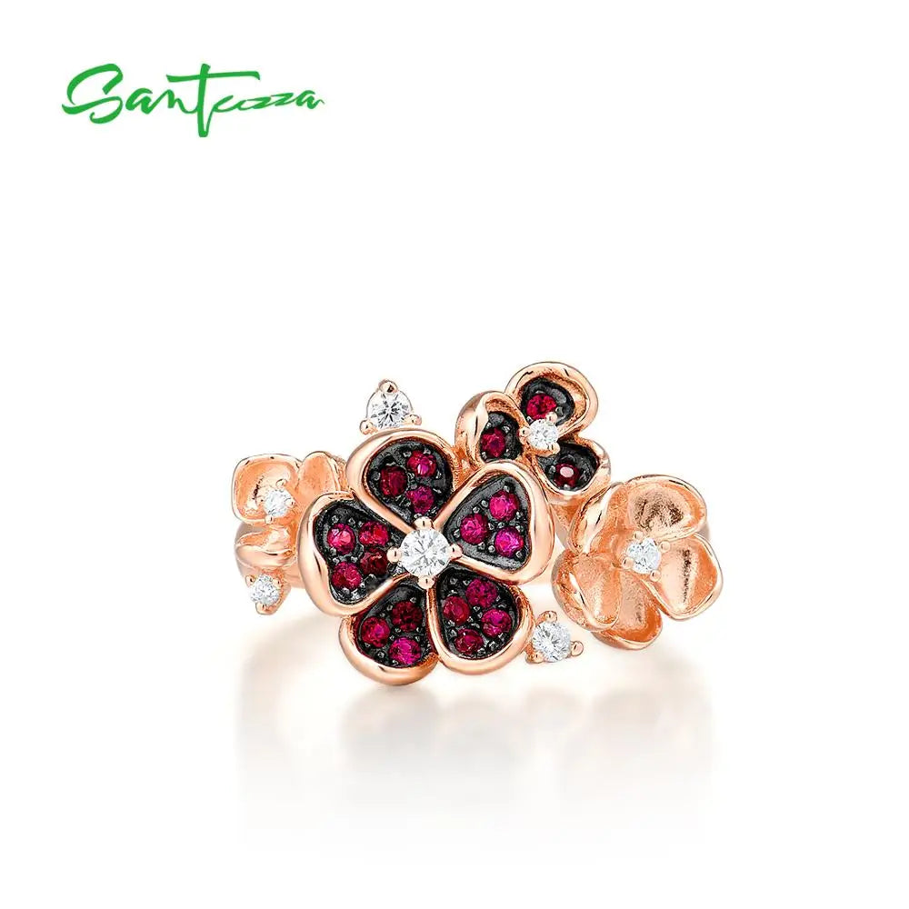 SANTUZZA Silver Ring For Women 925 Sterling Silver Flower Rose Color Shiny Created Ruby White CZ Ring Elegant Party Fine Jewelry