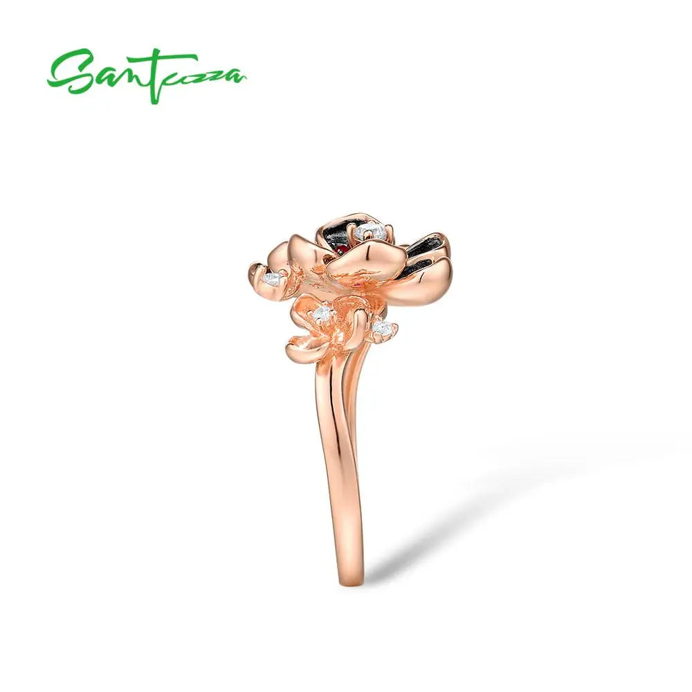 SANTUZZA Silver Ring For Women 925 Sterling Silver Flower Rose Color Shiny Created Ruby White CZ Ring Elegant Party Fine Jewelry