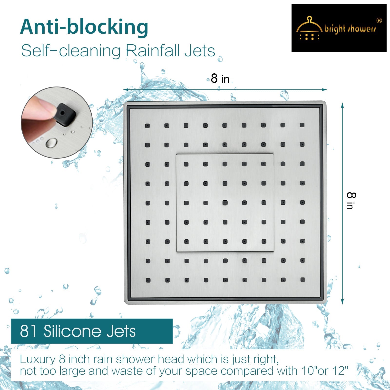 Bright Showers Rain Shower Head with 10 Inch Adjustable Extension Arm, 8 Inch Square Showerhead