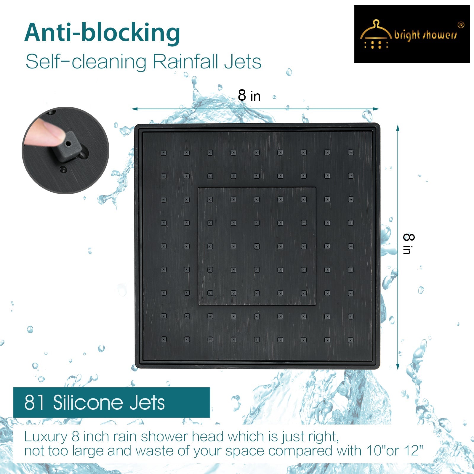 Bright Showers Rain Shower Head with 10 Inch Adjustable Extension Arm, 8 Inch Square Showerhead