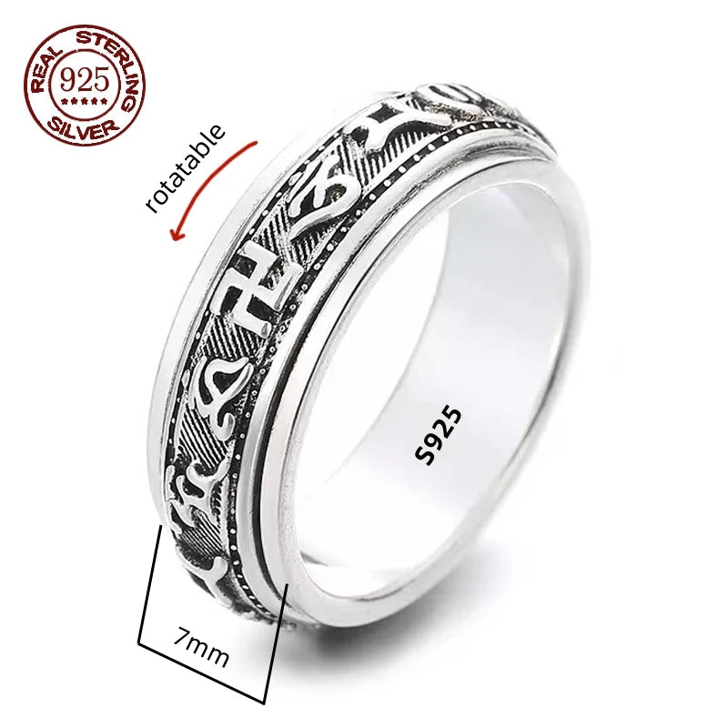 S925 Sterling Silver  Ring For Men Jewelry Retro Buddhist Six-Character Great Mantra Ring Male Female Amulet Jewelry Gift
