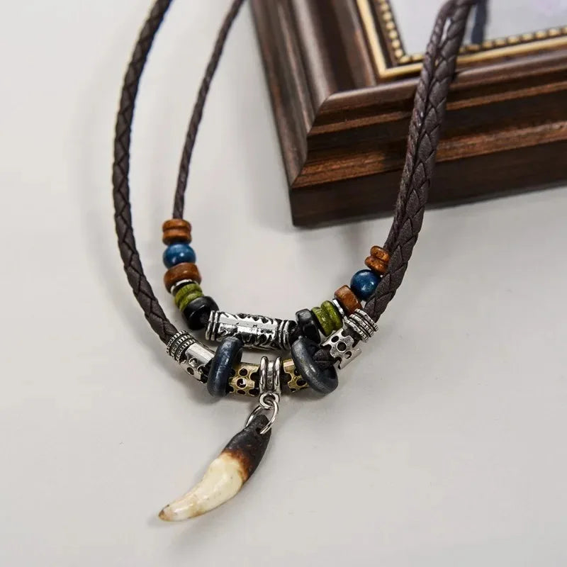 Tribal Dog Tooth Necklace Retro Ethnic Weaving Beads Leather Pendants Multi-layer Wolftooth Neck Chains Accessory Jewelry Gifts